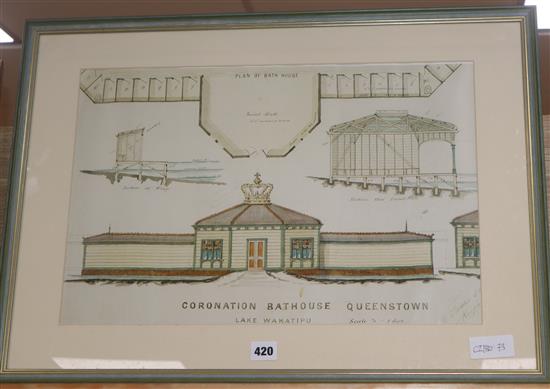 A modern colour print of The Coronation, Bath House, Queenstown, Lake Wakatipu, 33 x 51cm